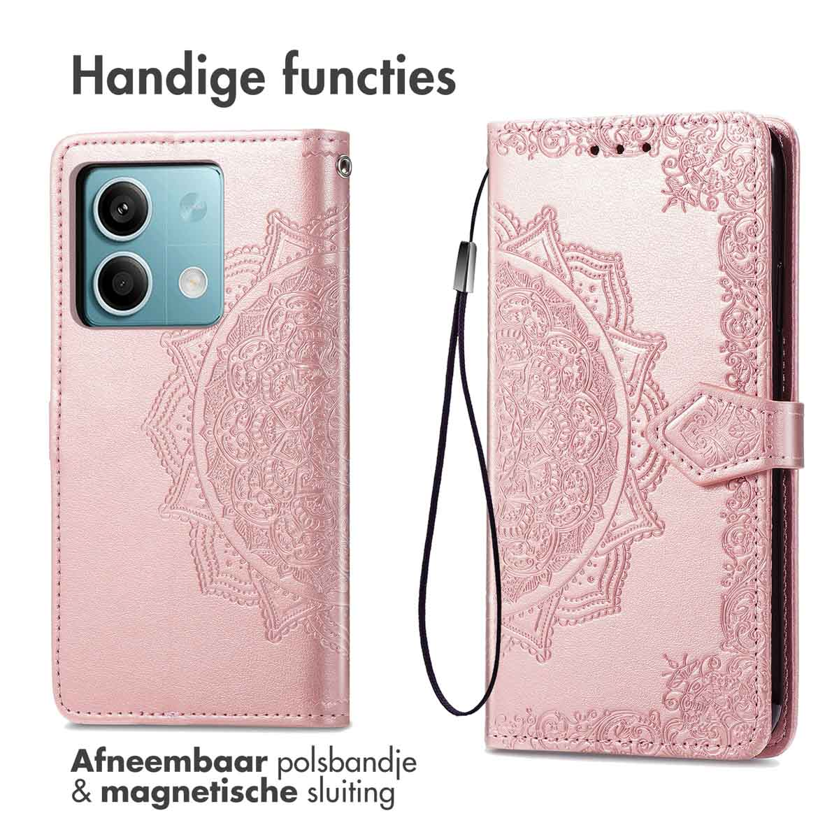 Roze telefoonhoesje met mandala-ontwerp, open.