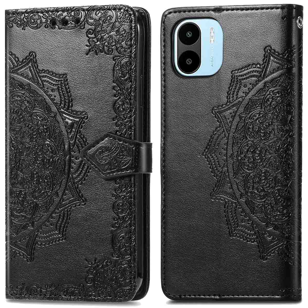 Zwart telefoonhoesje met reliëfdesign. Met magnetische sluiting en camera-uitsparing.