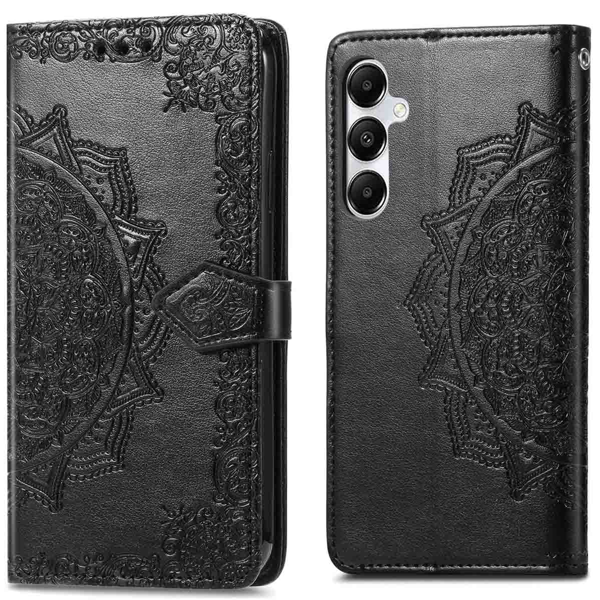 Zwarte telefoonhoes met reliëf, open en dicht. Mandalamotief en magnetische sluiting.