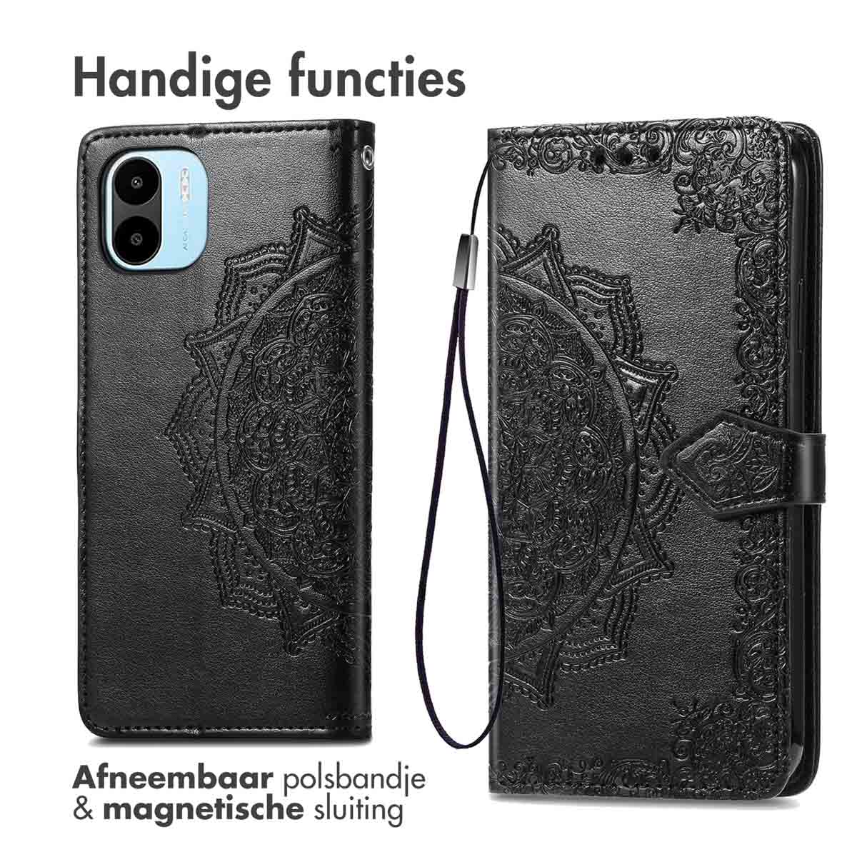 Zwarte telefoonhoes, open en dicht, met reliëf mandala-ontwerp en magnetische sluiting en koord.