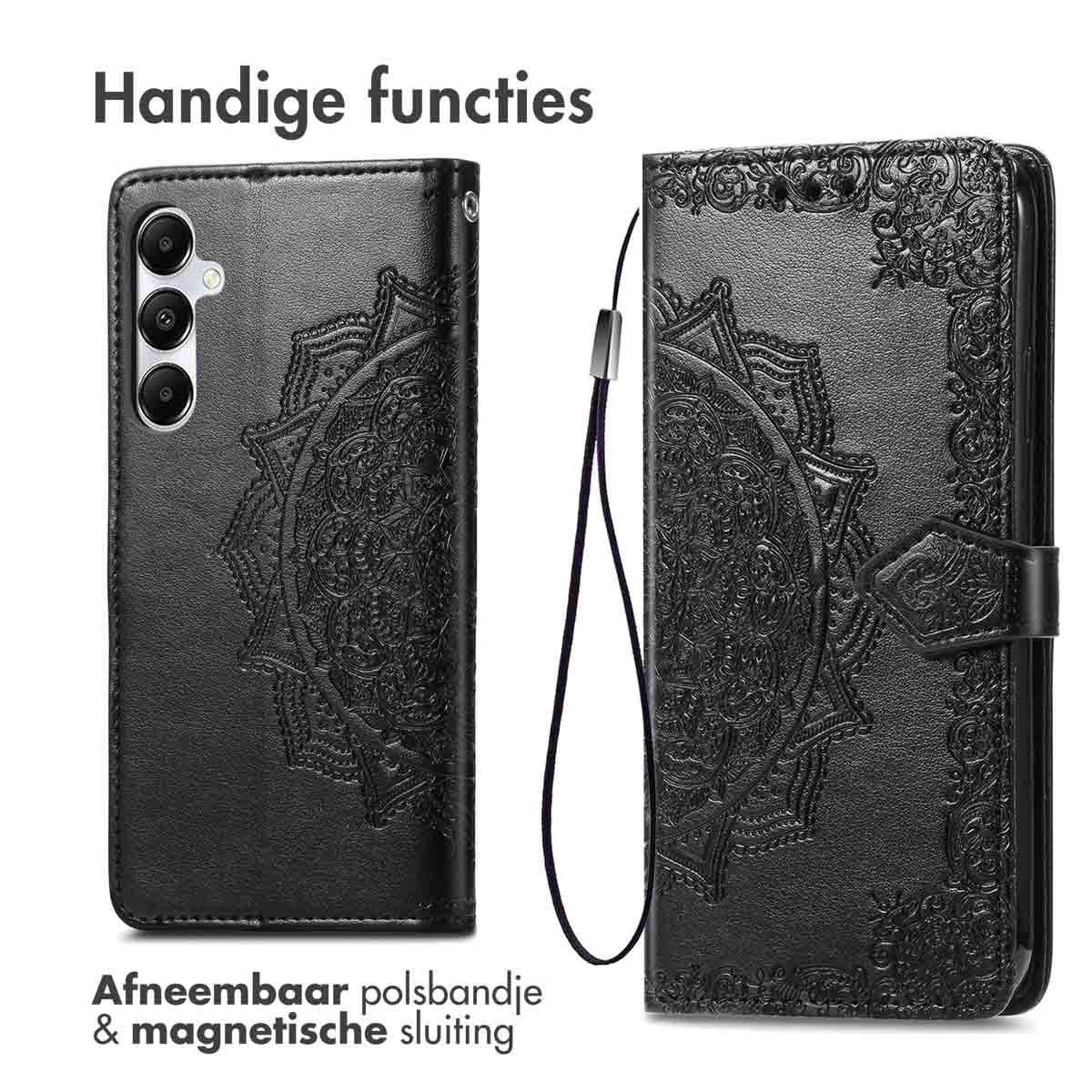 Zwarte telefoonhoes met mandala, open om telefoon te tonen, afneembare polsband. Text: Afneembaar...