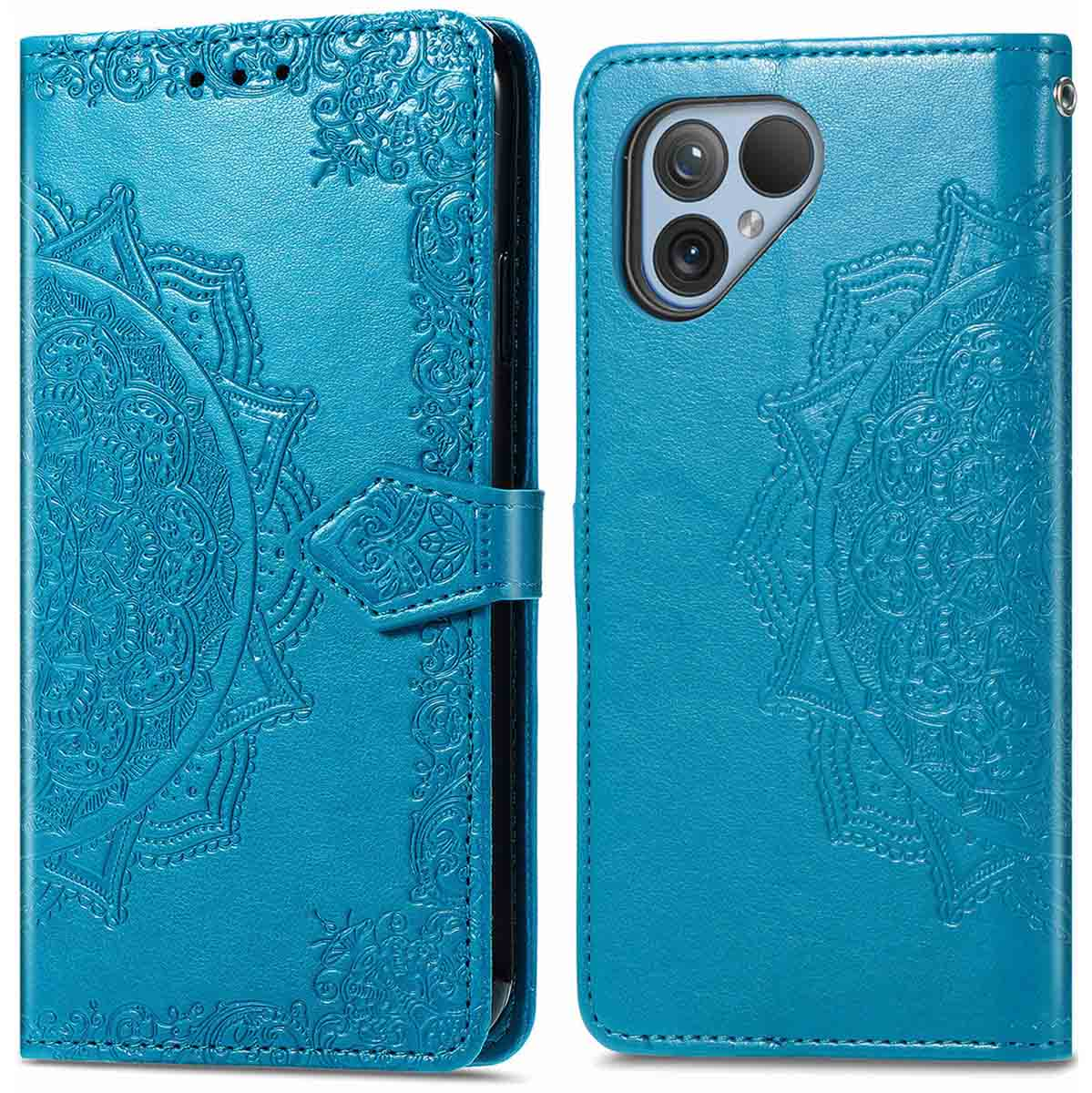 Coque de téléphone bleue avec motif mandala. La coque est ouverte et fermée.
