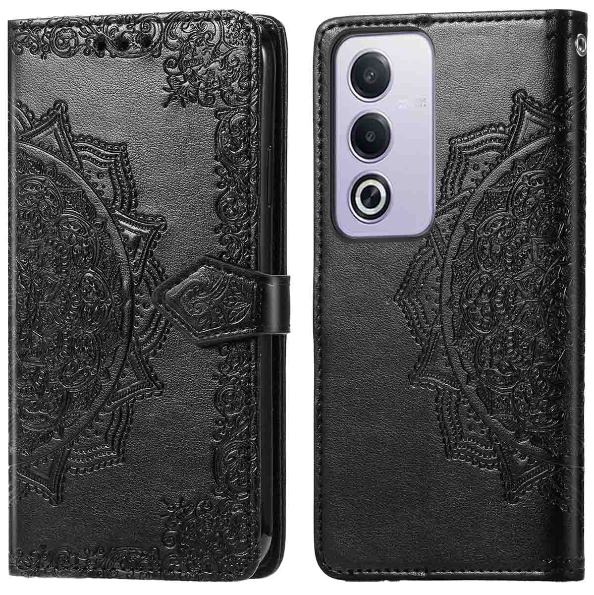 Étui de téléphone en cuir noir, motif mandala, ouvert pour montrer le téléphone. Le téléphone est à droite.