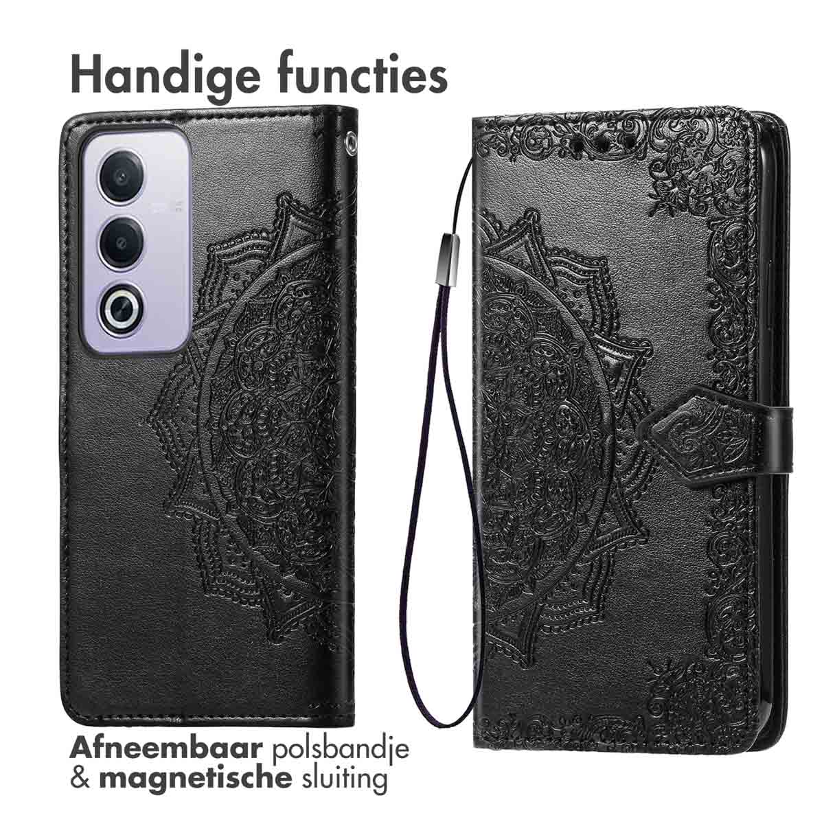 Étui de téléphone noir avec motif mandala. Étui ouvert à gauche, téléphone à droite. Fermeture à boucle.