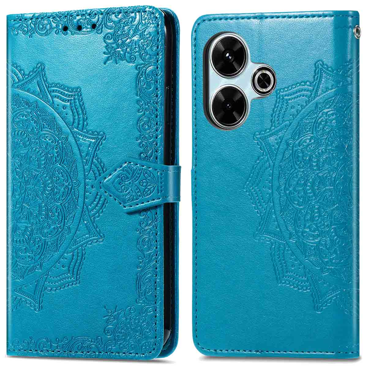 Coque de téléphone turquoise, ouverte et fermée, avec motif mandala en relief et fermoir magnétique.