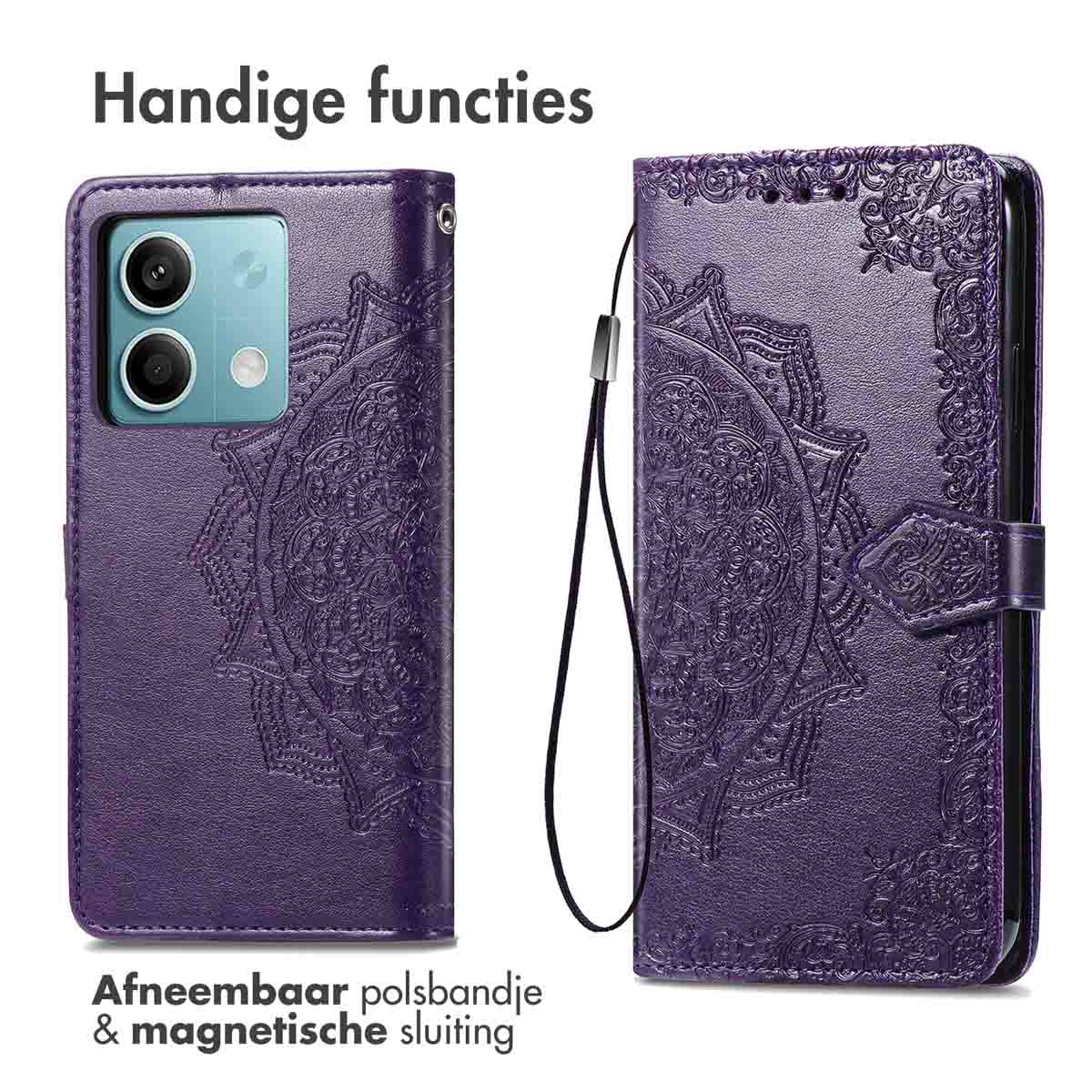 Paarse telefoonhoes met mandala-ontwerp, afneembare polsband en magnetische sluiting.