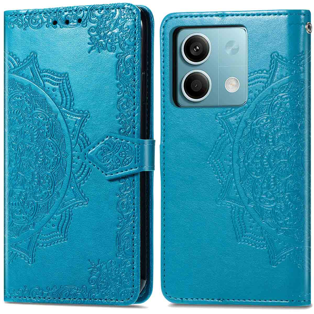 Blauwe telefoonhoes met een mandala-ontwerp, open en dicht. Voorzien van een magnetische sluiting.