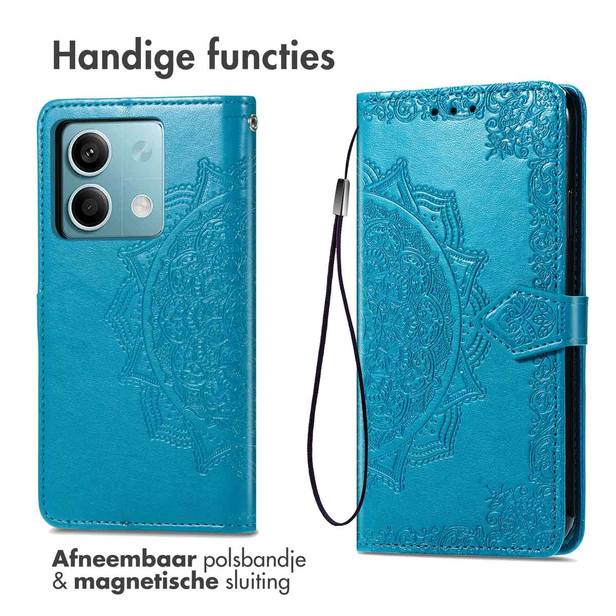 Blauwe telefoonhoes, mandala-ontwerp. Open hoes toont telefoon. Afneembare polsband en magnetische sluiting.