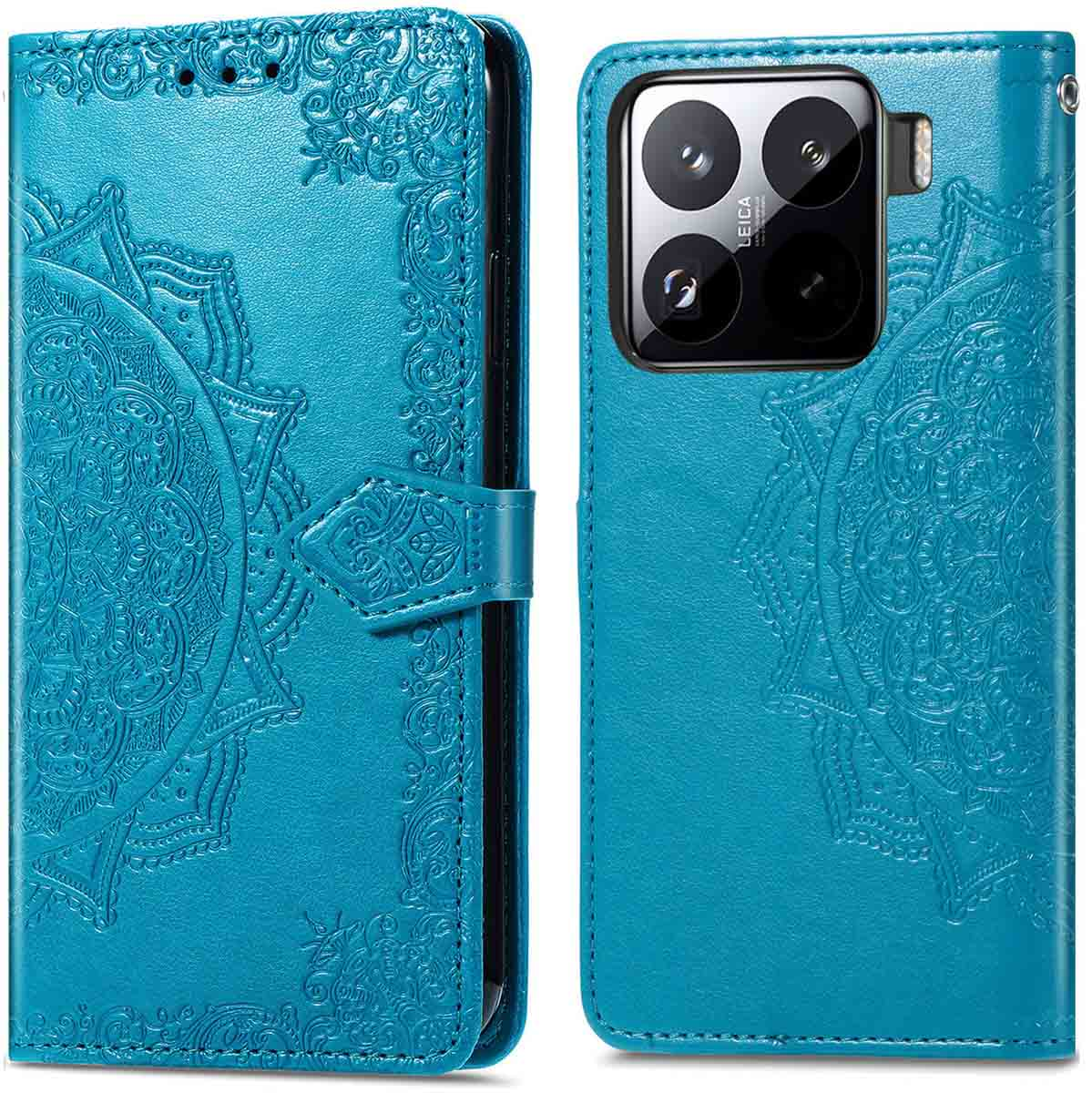 Turquoise telefoonhoesje met reliëf mandala-ontwerp. Open, telefoon tonend.