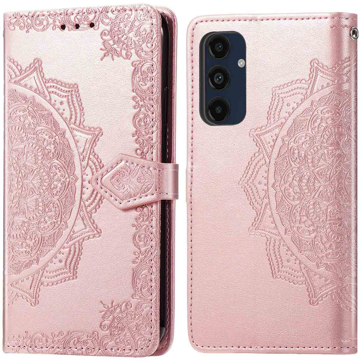 Roze telefoonhoes, mandala-ontwerp, open om de telefoon te laten zien. Telefoon staat rechts. Magnetische sluiting.