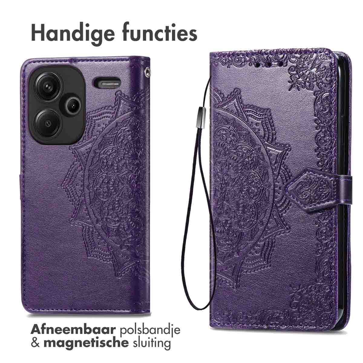 Custodia per telefono viola con design mandala. Viste aperta e chiusa. Cinturino da polso rimovibile.