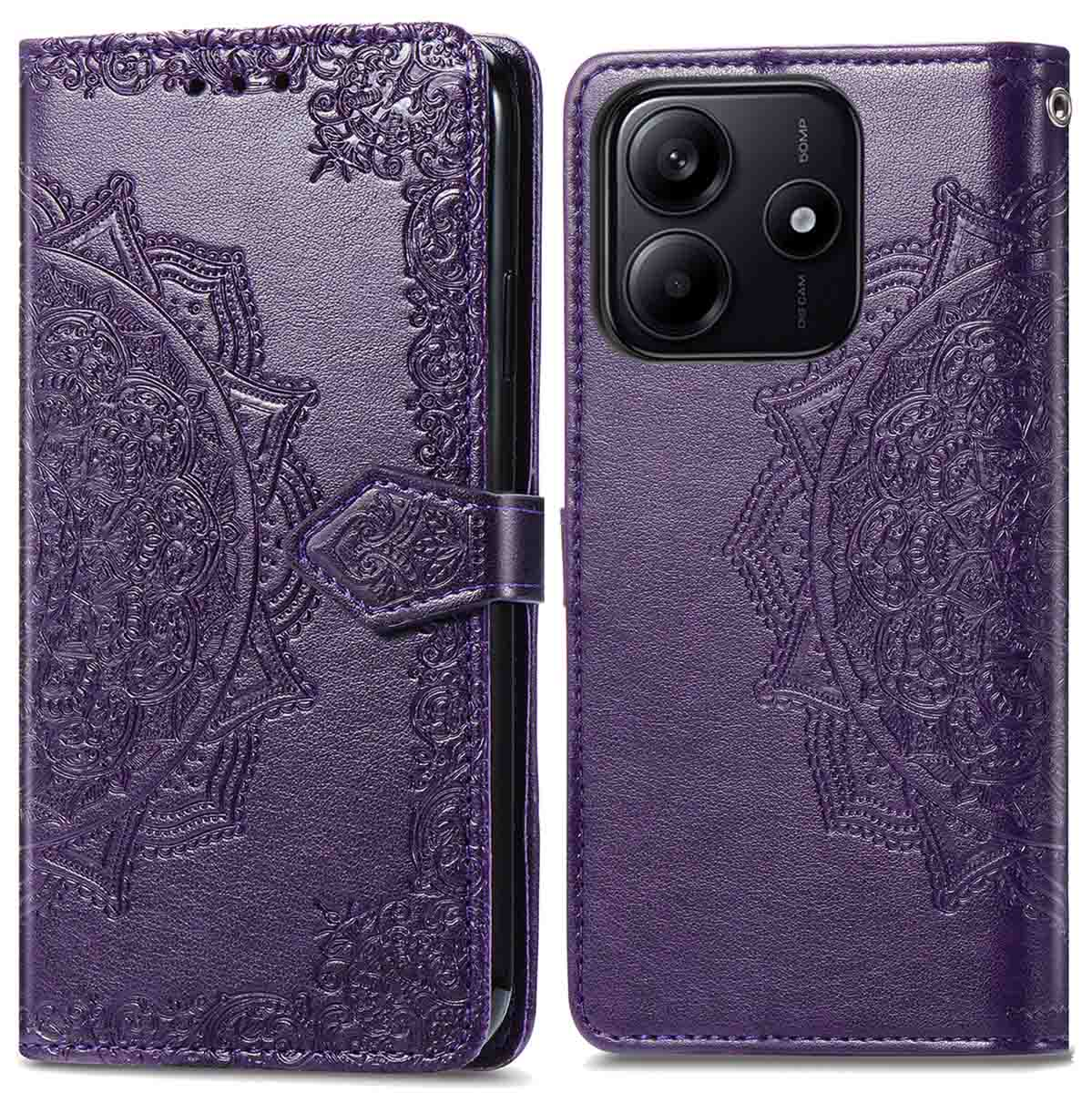 Paarse telefoonhoes met een decoratief patroon. Telefoon staat rechts.