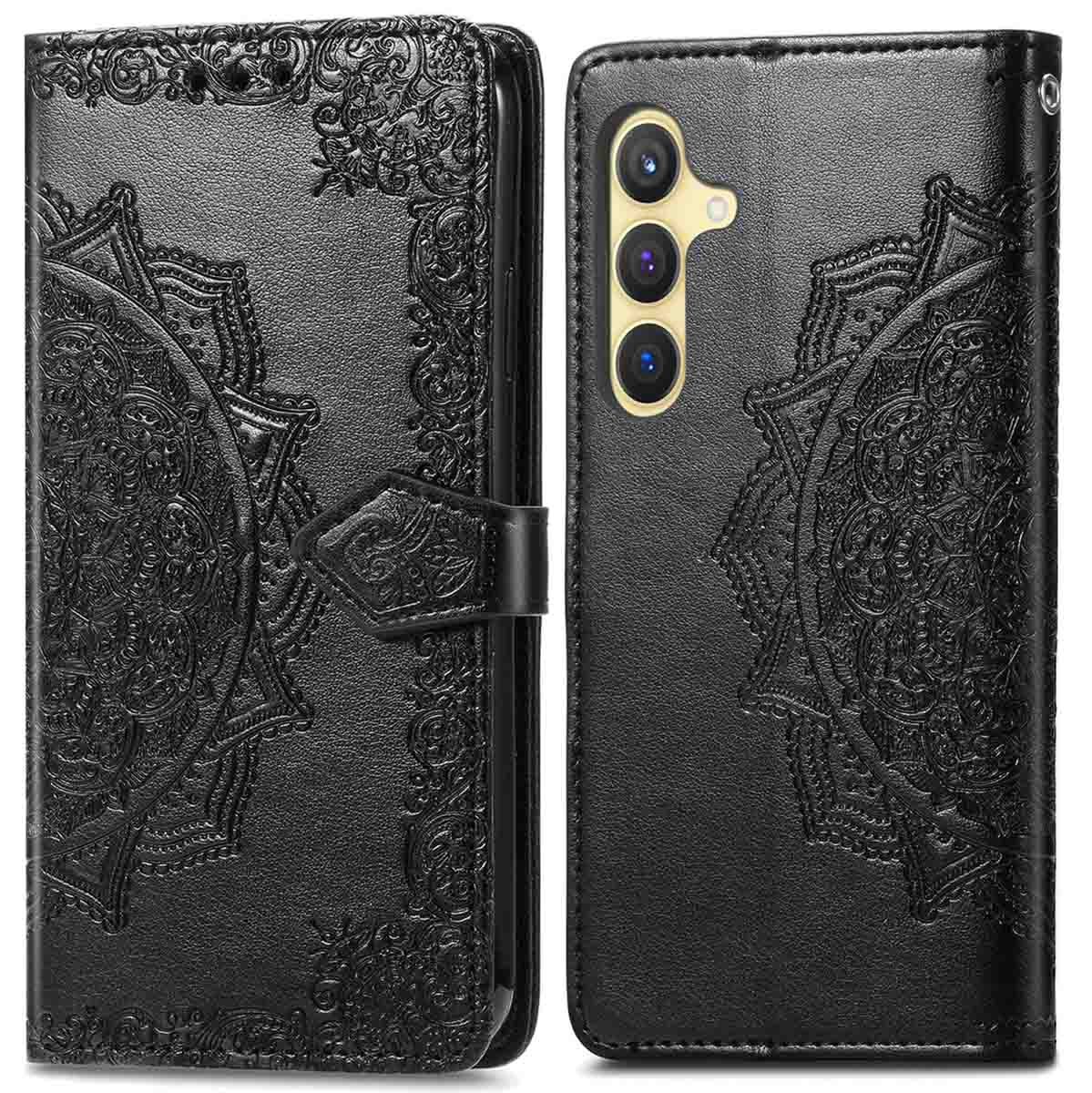 Zwarte telefoonhoes, voor- en achteraanzicht, met reliëf bloemenpatroon en magnetische sluiting.