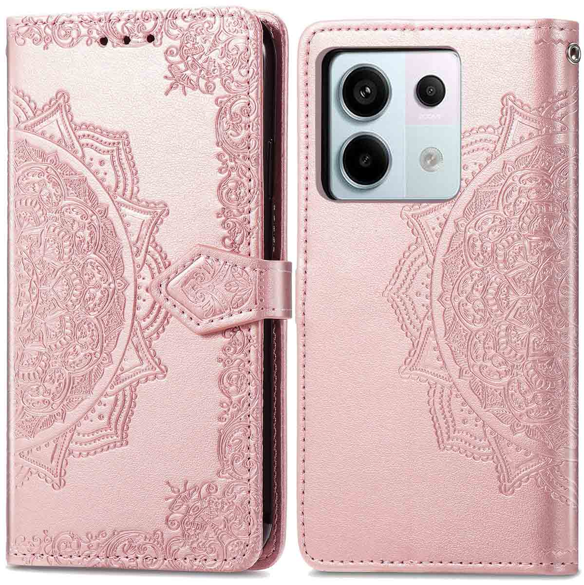 Étui de téléphone rose, motif mandala, ouvert pour montrer le téléphone. Le téléphone est à droite. Fermoir magnétique.