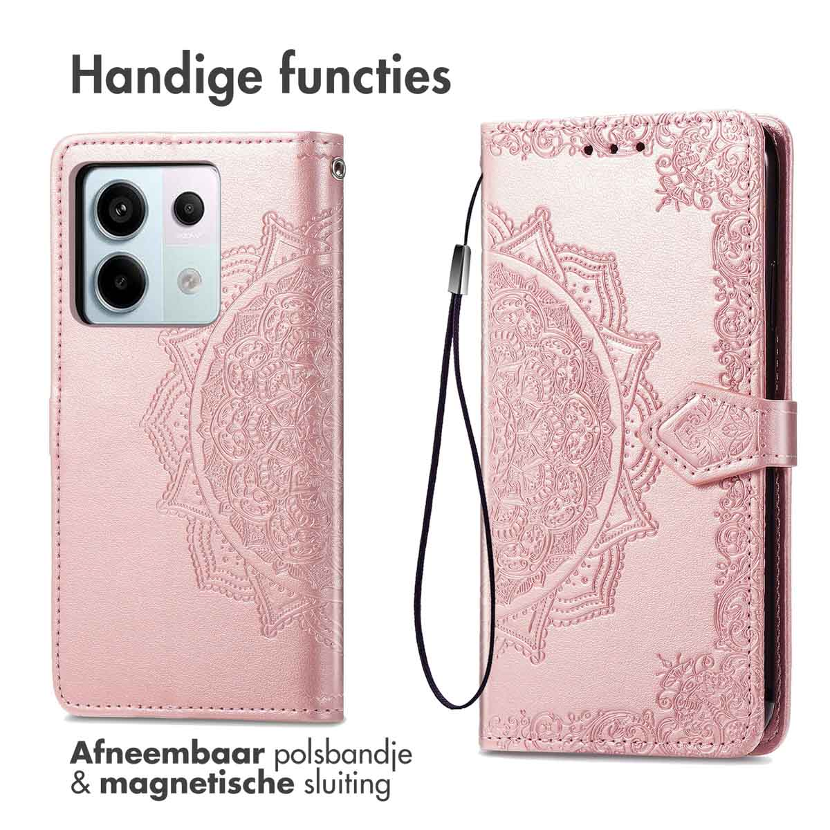 Étui de téléphone rose avec motif mandala, téléphone à gauche, étui ouvert à droite avec dragonne.
