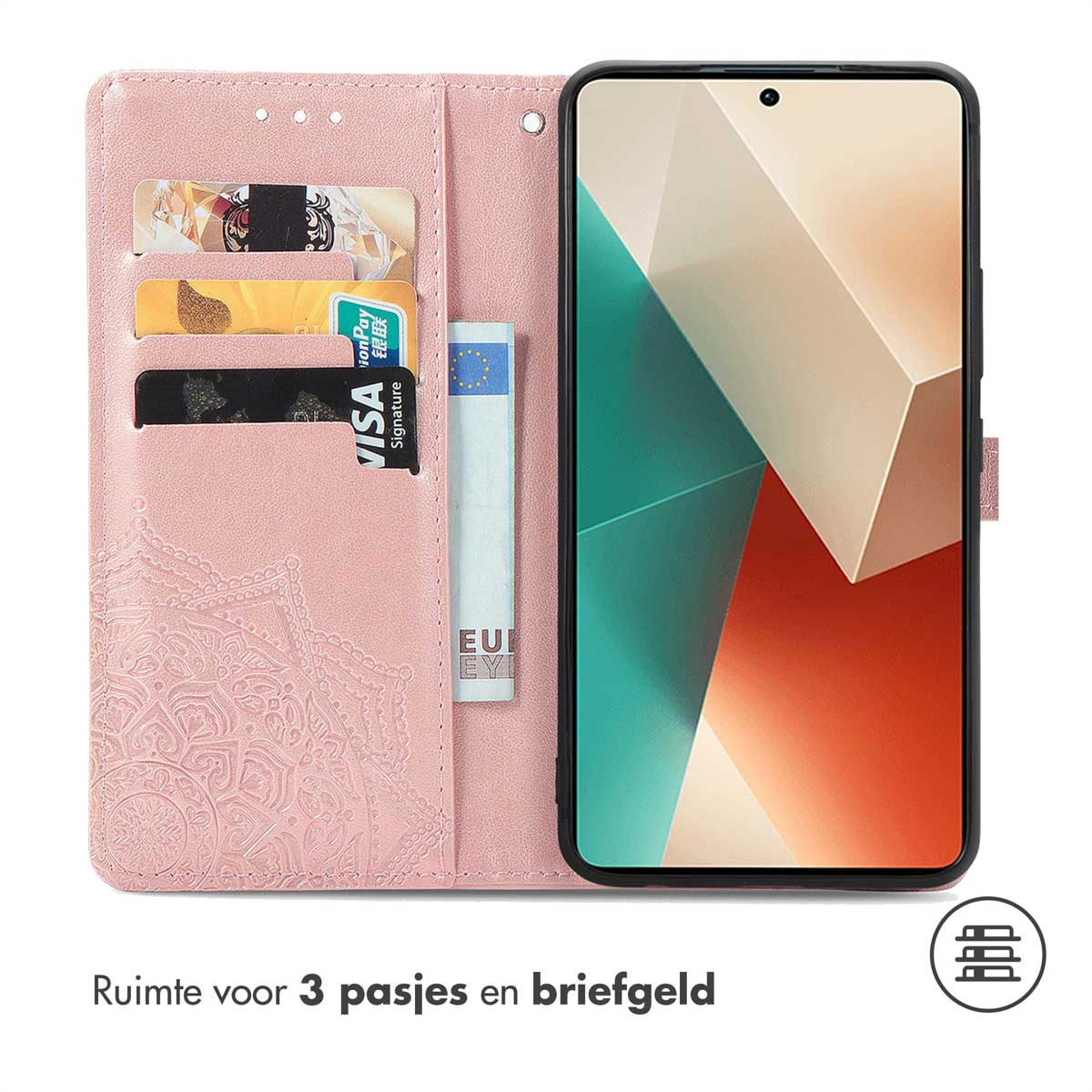Étui de téléphone rose avec cartes et téléphone.