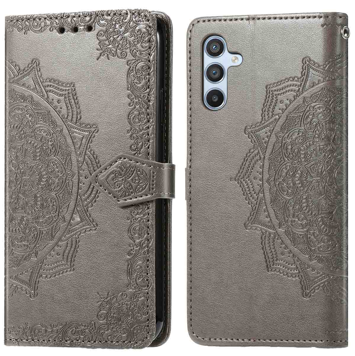 Étui de téléphone gris en deux parties avec un motif mandala. Il a un fermoir et un téléphone à l'intérieur.