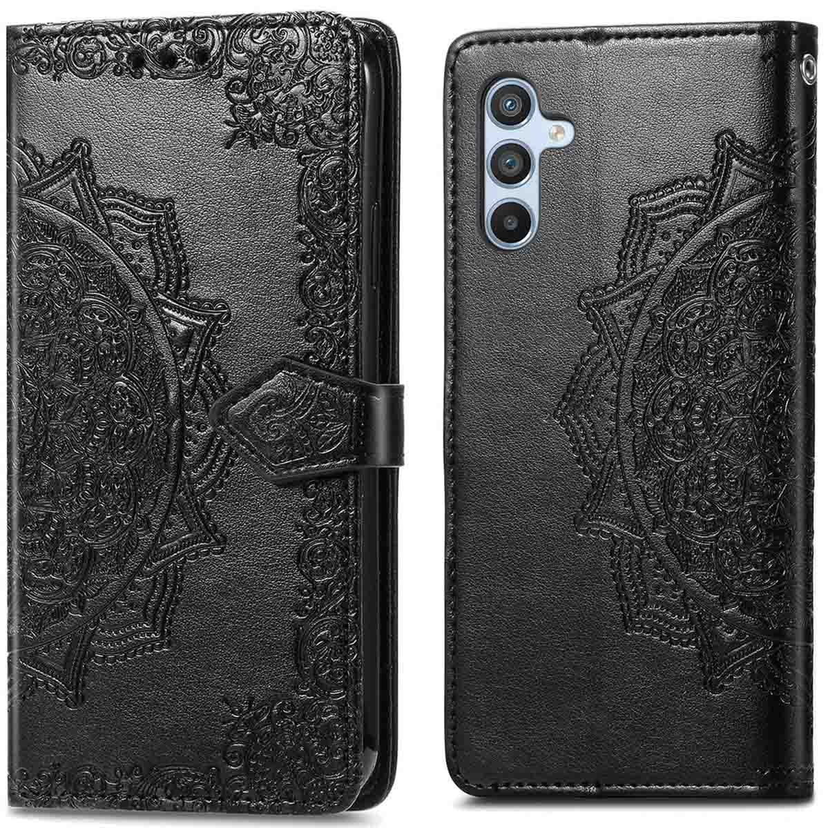 Zwarte leren telefoonhoes met gedetailleerd mandala-ontwerp op zowel de voor- als achterkant.