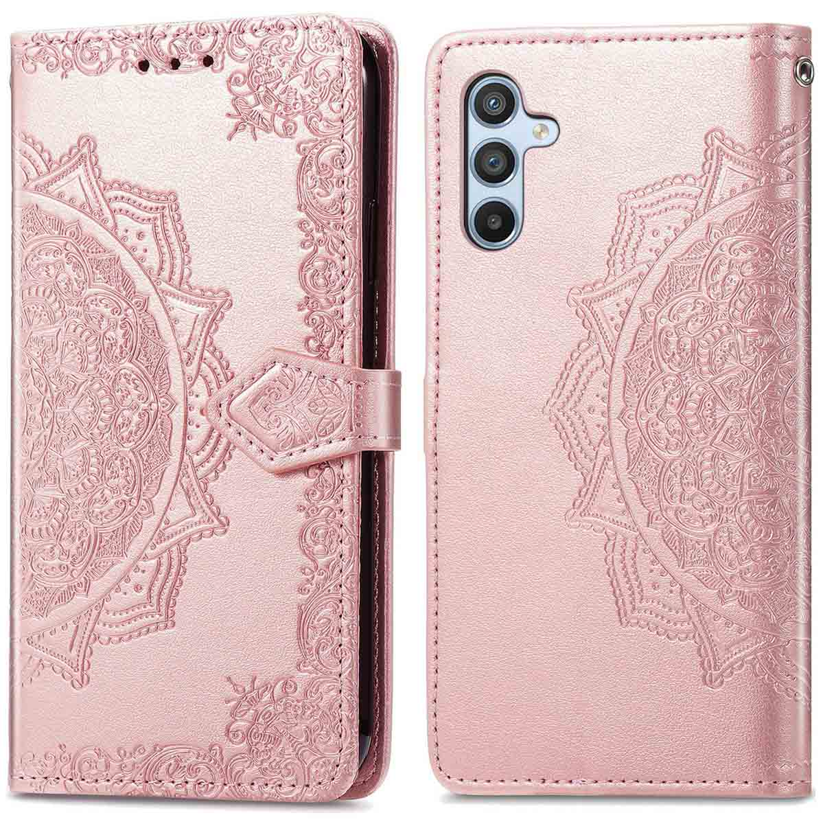 Roze telefoonhoesje met mandala-ontwerp, open.