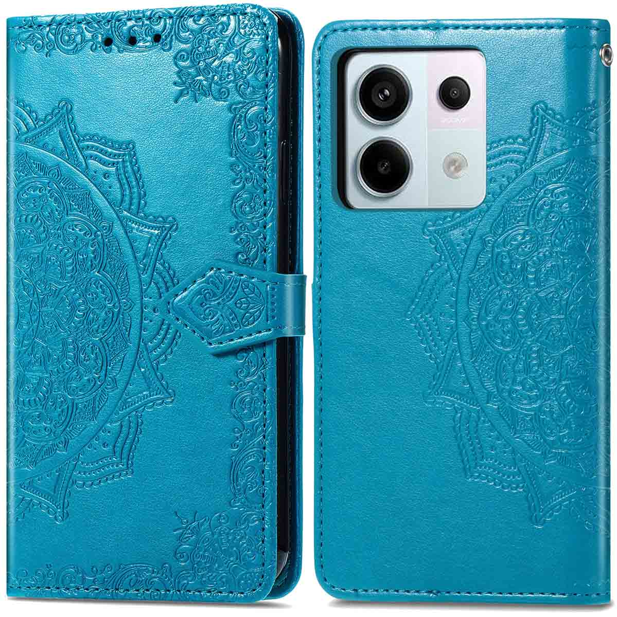Turquoise telefoonhoes met mandala-ontwerp. Open, telefoon tonend.
