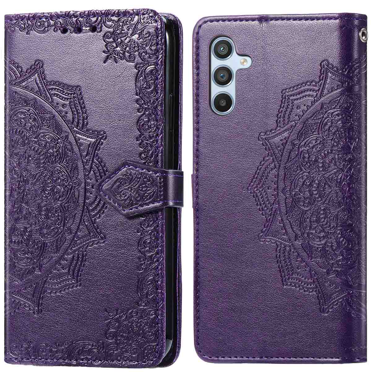 Coque de téléphone violette avec motif mandala. Elle a un fermoir et un téléphone à l'intérieur.