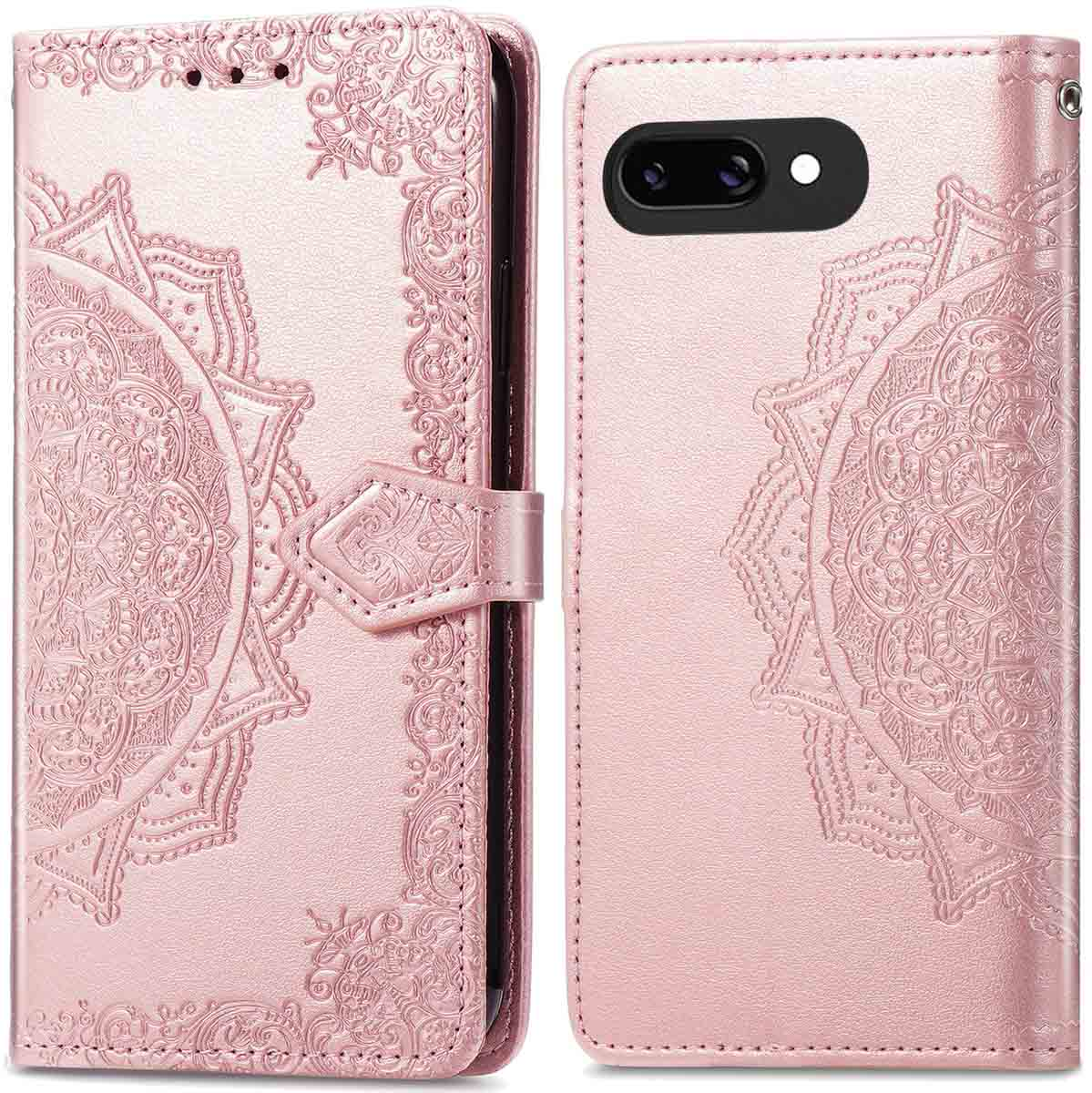 Étui de téléphone rose ouvert, avec un motif mandala.