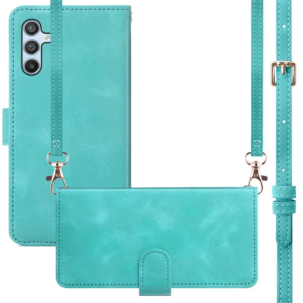 Custodia teal con cinturino. Telefono a sinistra, custodia aperta e dettagli cinturino a destra.