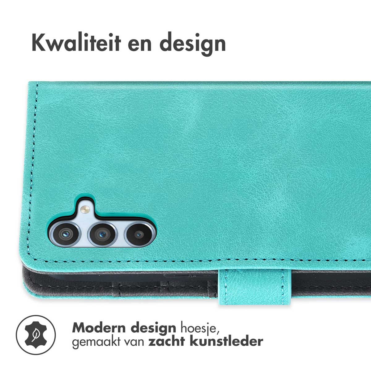 Custodia per telefono verde acqua con fotocamera e testo: Qualità e design. Design moderno.