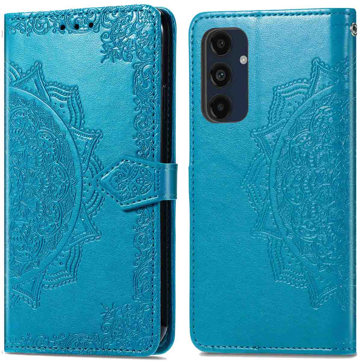 Turquoise telefoonhoes open en dicht. Elke kant heeft een mandala ontwerp. De hoes is van leer.