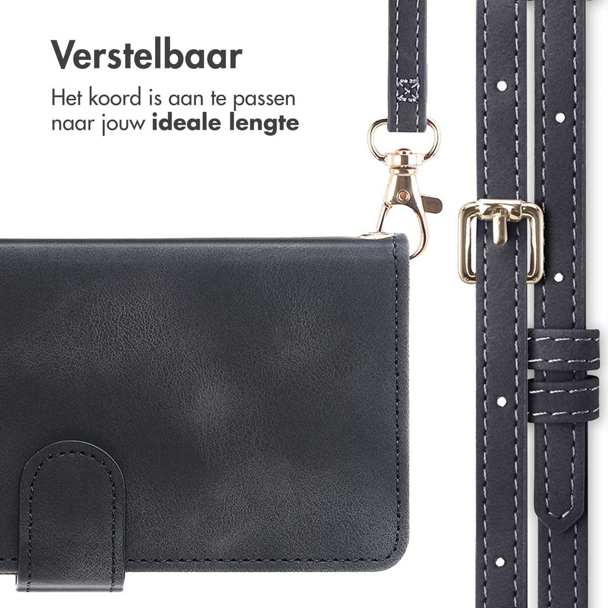 Zwarte telefoonhoes met afneembare riem en gouden sluiting, met het woord 'Verstelbaar'.