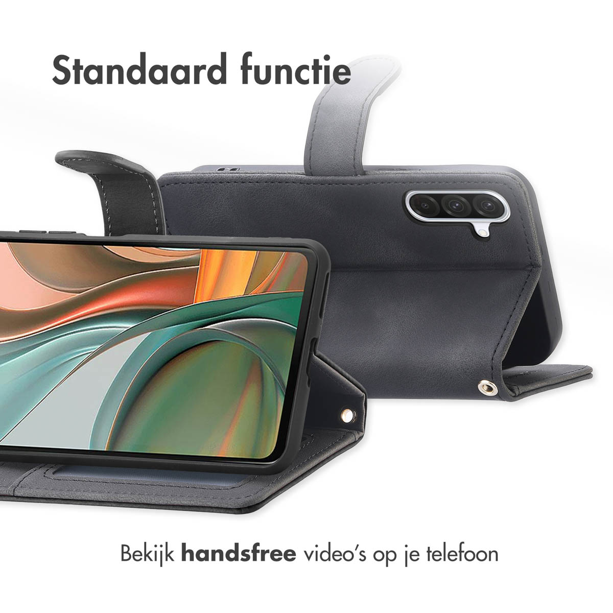 Telefoon in een donkergrijze hoes is open, bekijkt video. Toont handsfree videoweergave.