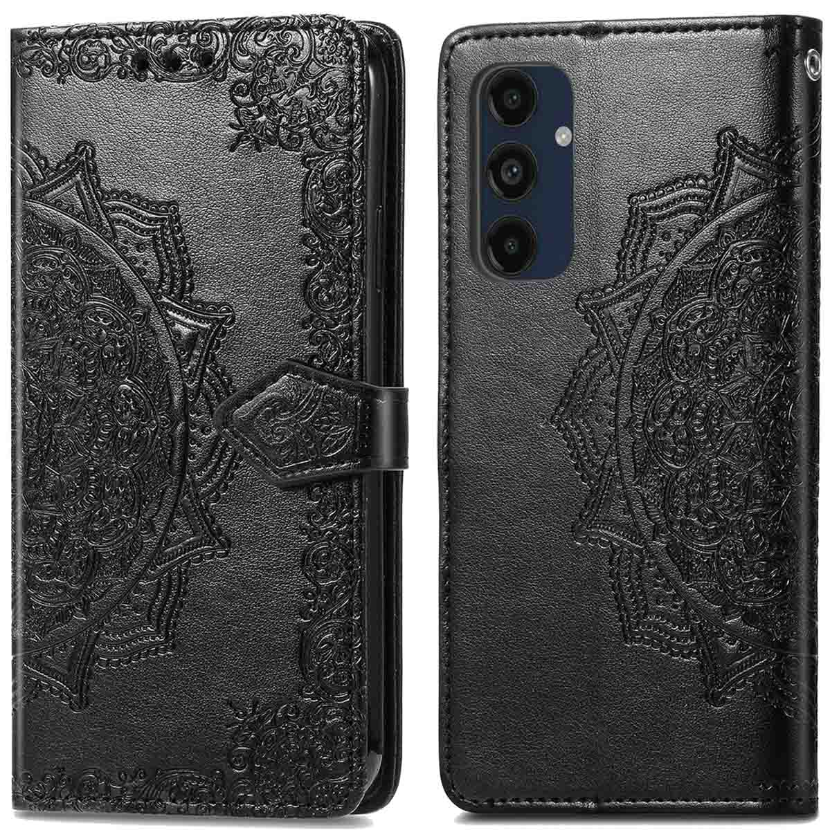Zwarte telefoonhoes met mandala-ontwerp, open om telefoon te tonen. Leder met knoopsluiting.