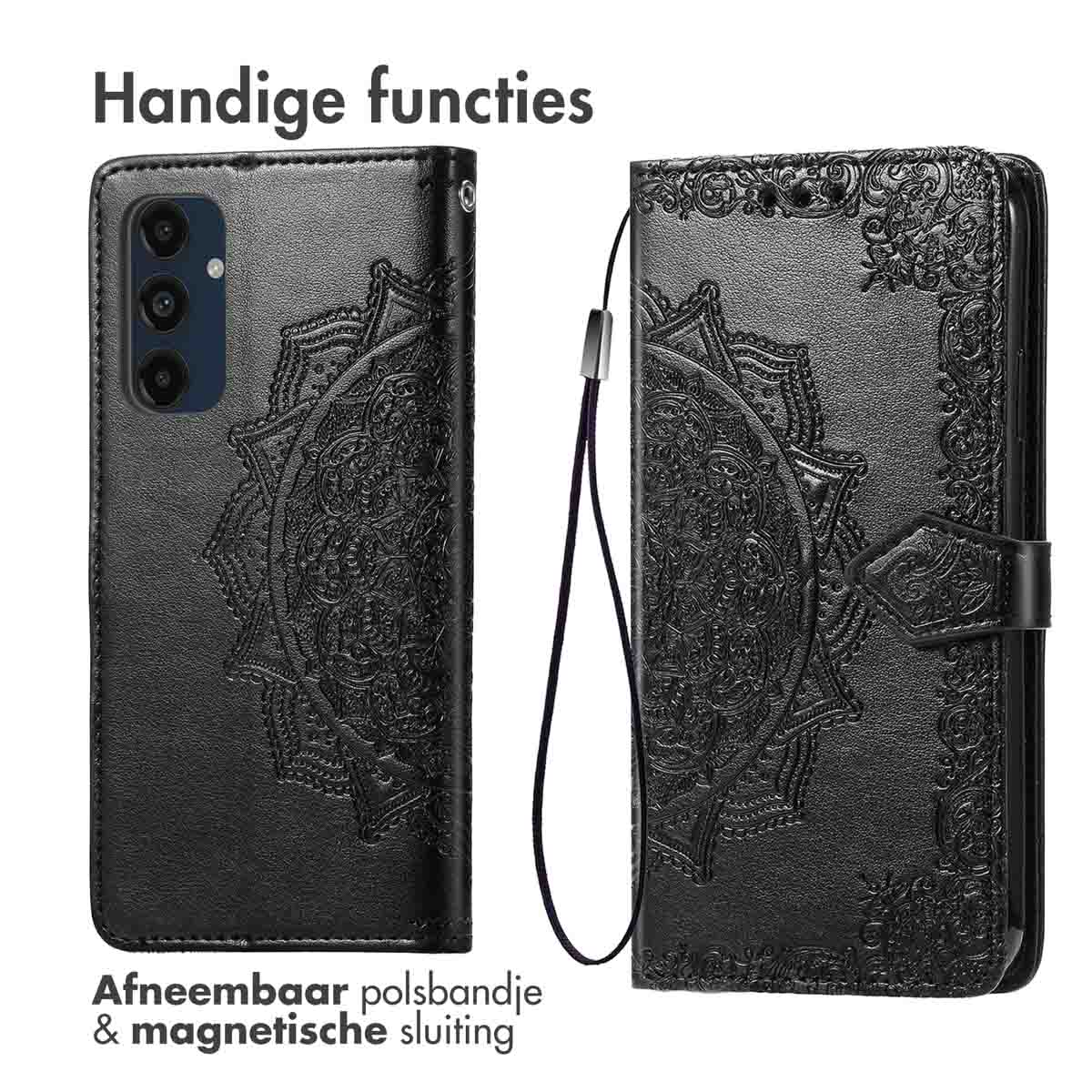 Zwarte telefoonhoes met mandala-ontwerp. Tekst: Handige functies. Afneembare polsband en magnetische sluiting.