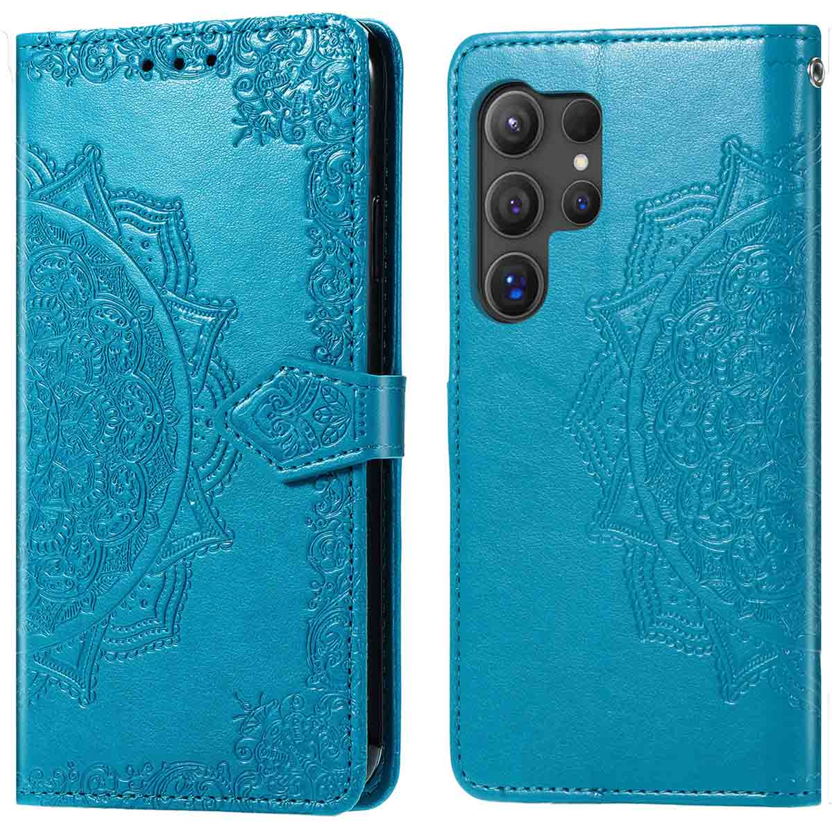 Étui de téléphone bleu avec motif décoratif. Le téléphone est à droite.