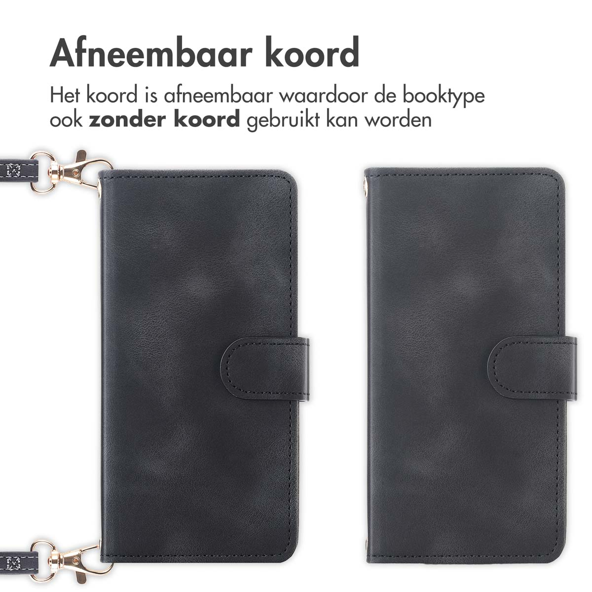 Twee zwarte telefoonhoesjes. Eén met afneembaar koord en de andere zonder.