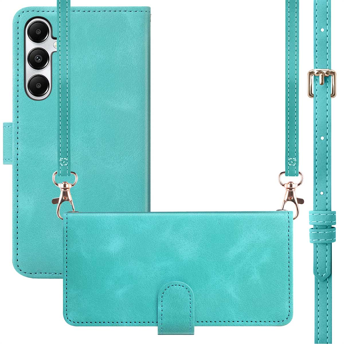 Turquoise telefoonhoes met bijpassende riem en gouden accenten, inclusief een voorhoes en riem.