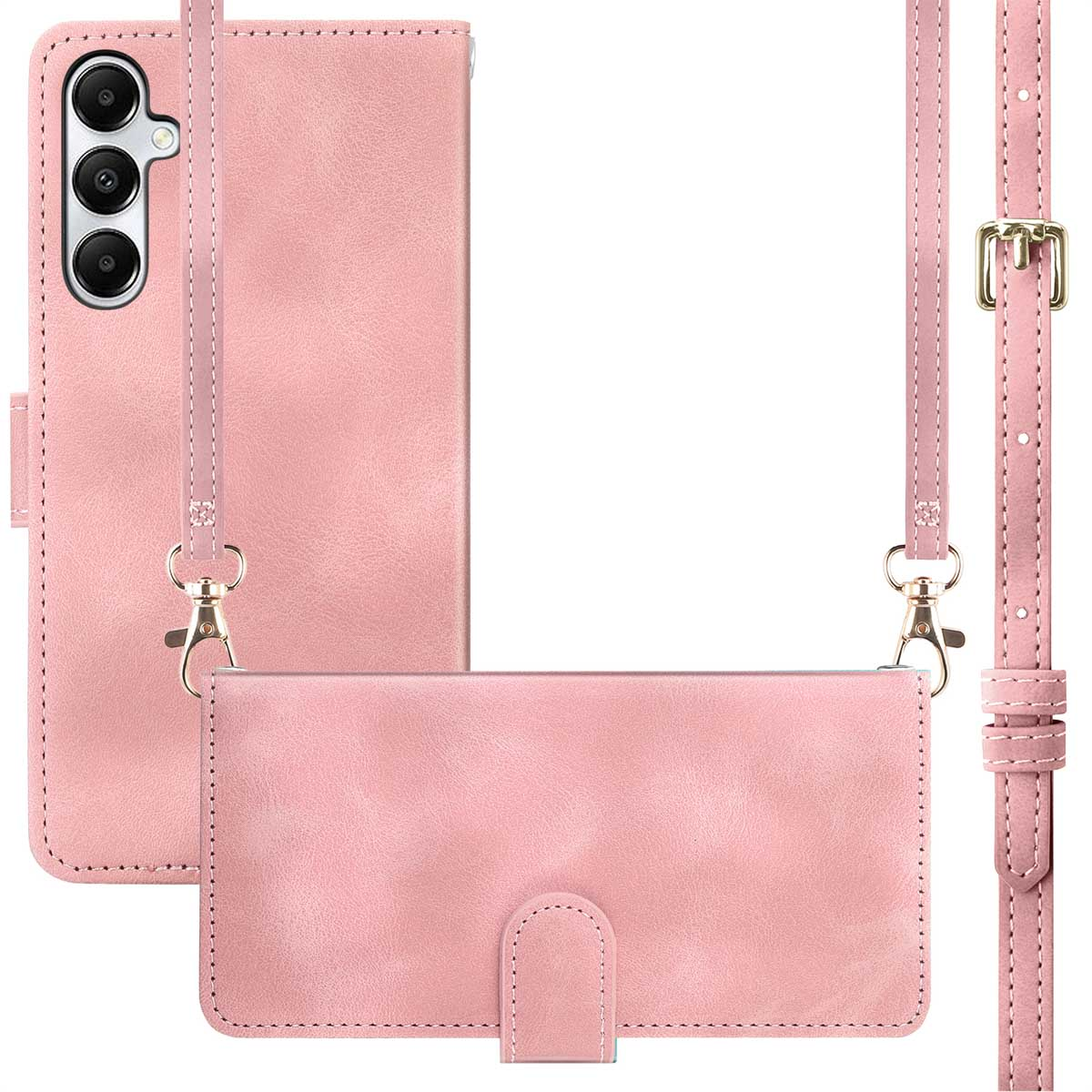 Roze telefoonhoes met een afneembare riem, waarbij de telefoonhoes, de riem en gespdetails worden getoond.