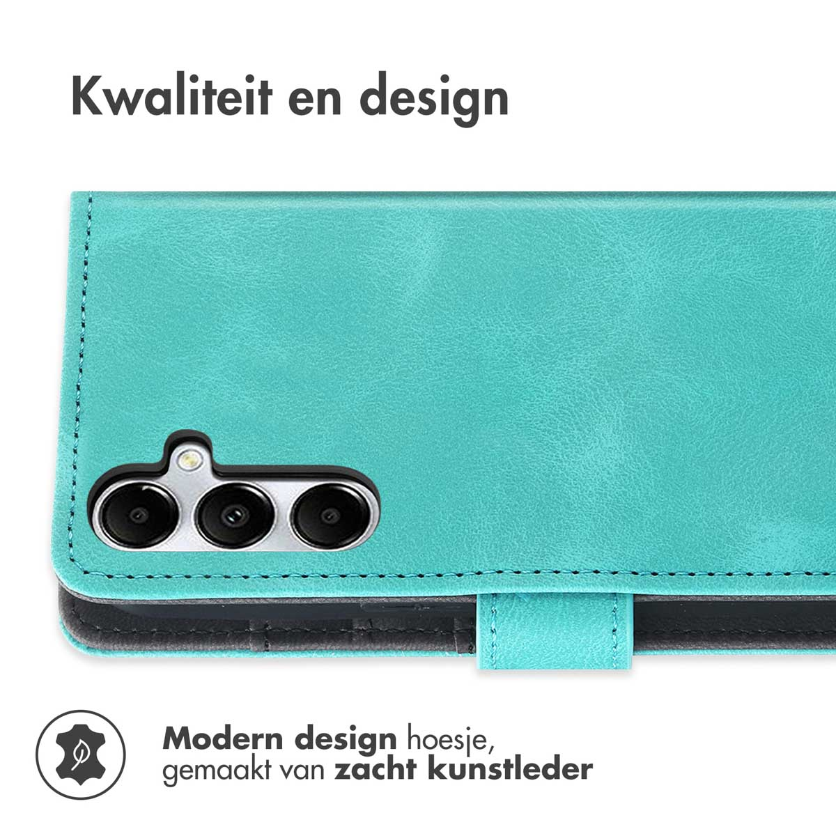 Turquoise telefoonhoes. Tekst: Kwaliteit en design. Modern design, gemaakt van zacht kunstleer.