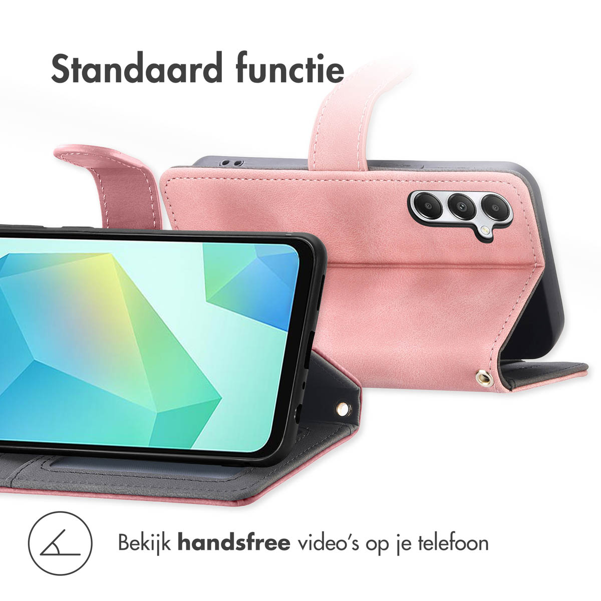 Roze telefoonhoes opgevouwen om de telefoon rechtop te tonen, met tekst in het Nederlands, handsfree videobewerking.