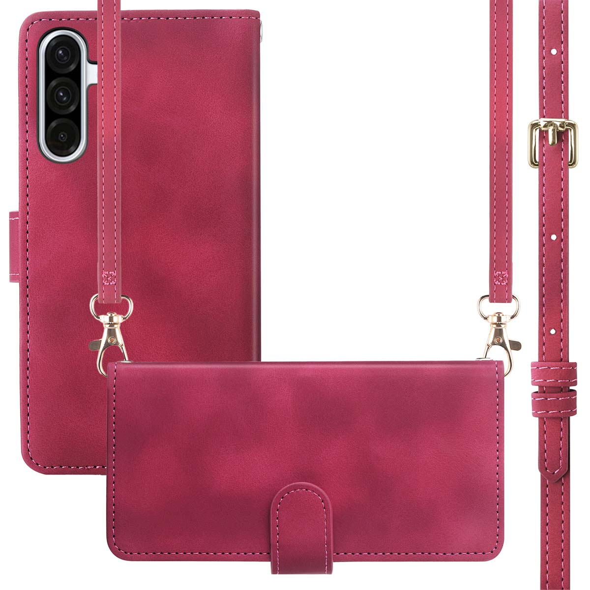 Rode telefoonhoes met bandje. Telefoon links, open hoes en bandjesdetails rechts.