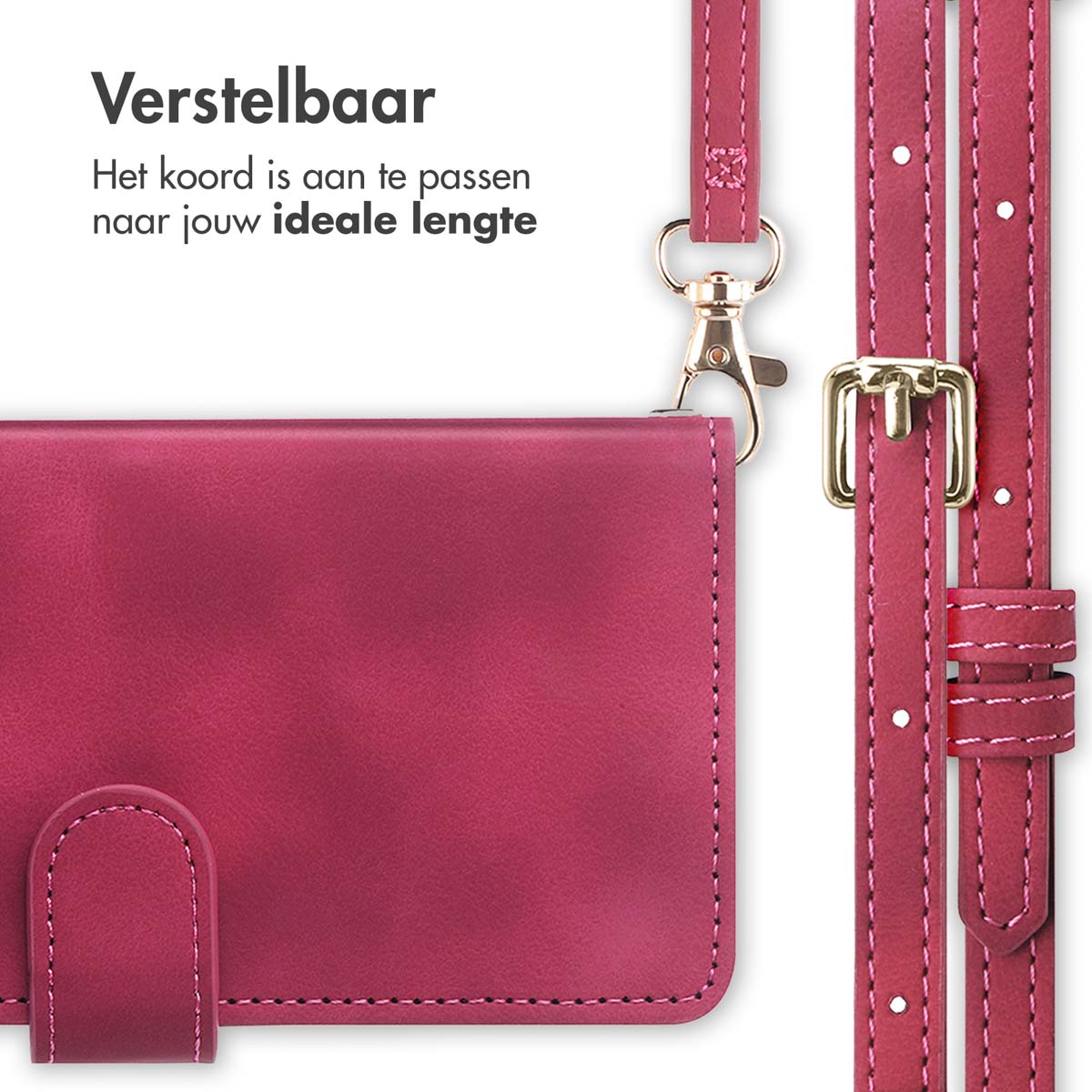 Close-up van een rode telefoonhoes en een bijpassende riem. Riem heeft gouden hardware en verstelbare gesp.