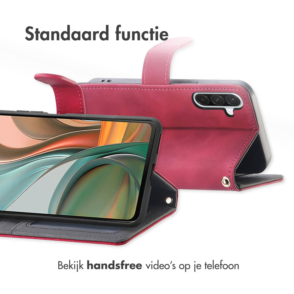 Een telefoon in een rode hoes, open. De telefoon wordt weergegeven, met een standaard. De tekst zegt: 'Bekijk handsfree video's'.
