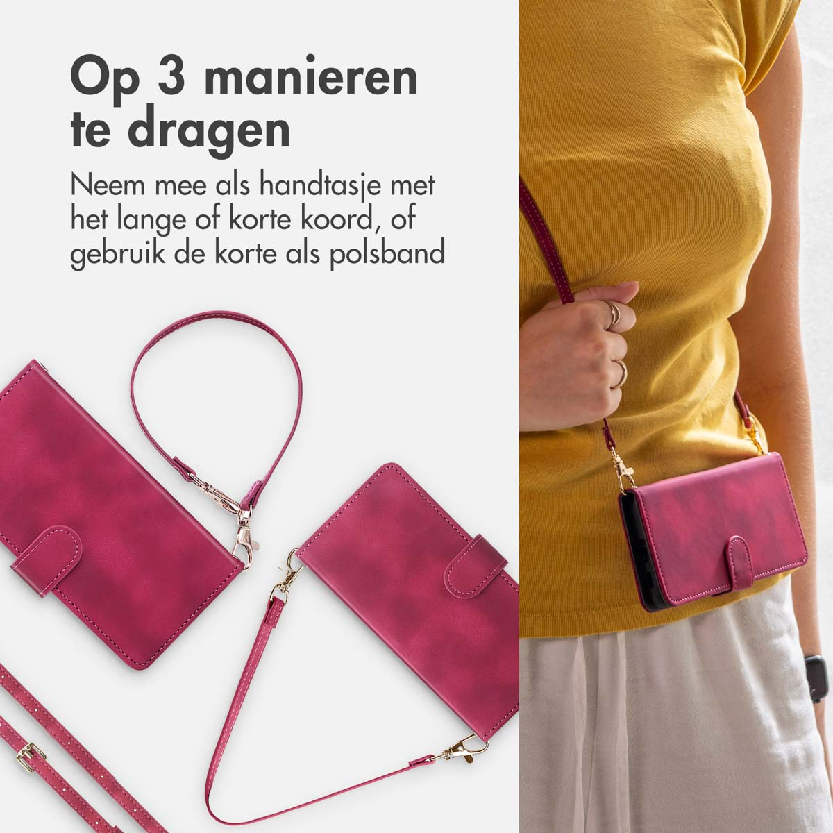 Vrouw die een roze telefoonhoes met schouderriem vasthoudt. Twee andere hoesjes en riemen zijn te zien.