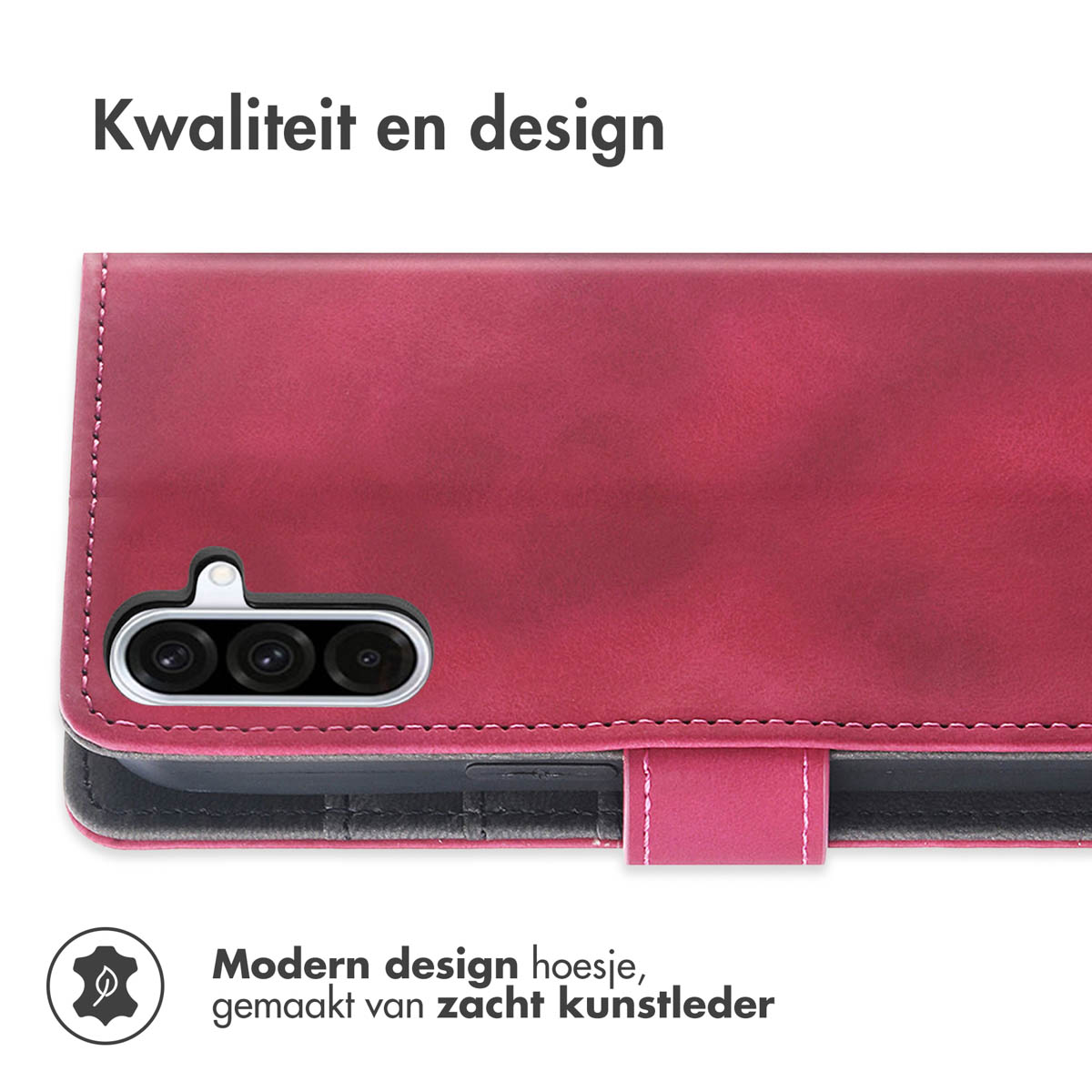 Close-up van een rode telefoonhoes. De hoes ligt op een zwart oppervlak. Het heeft cameragaten.