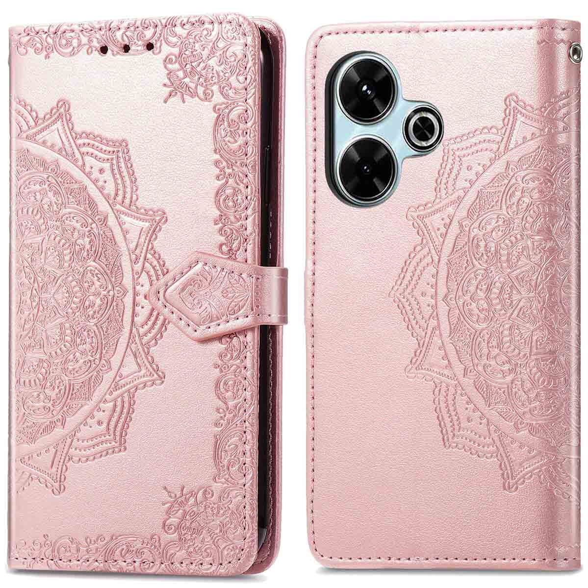 Étui de téléphone rose avec un motif floral détaillé et un fermoir, présentant le design avant et arrière.