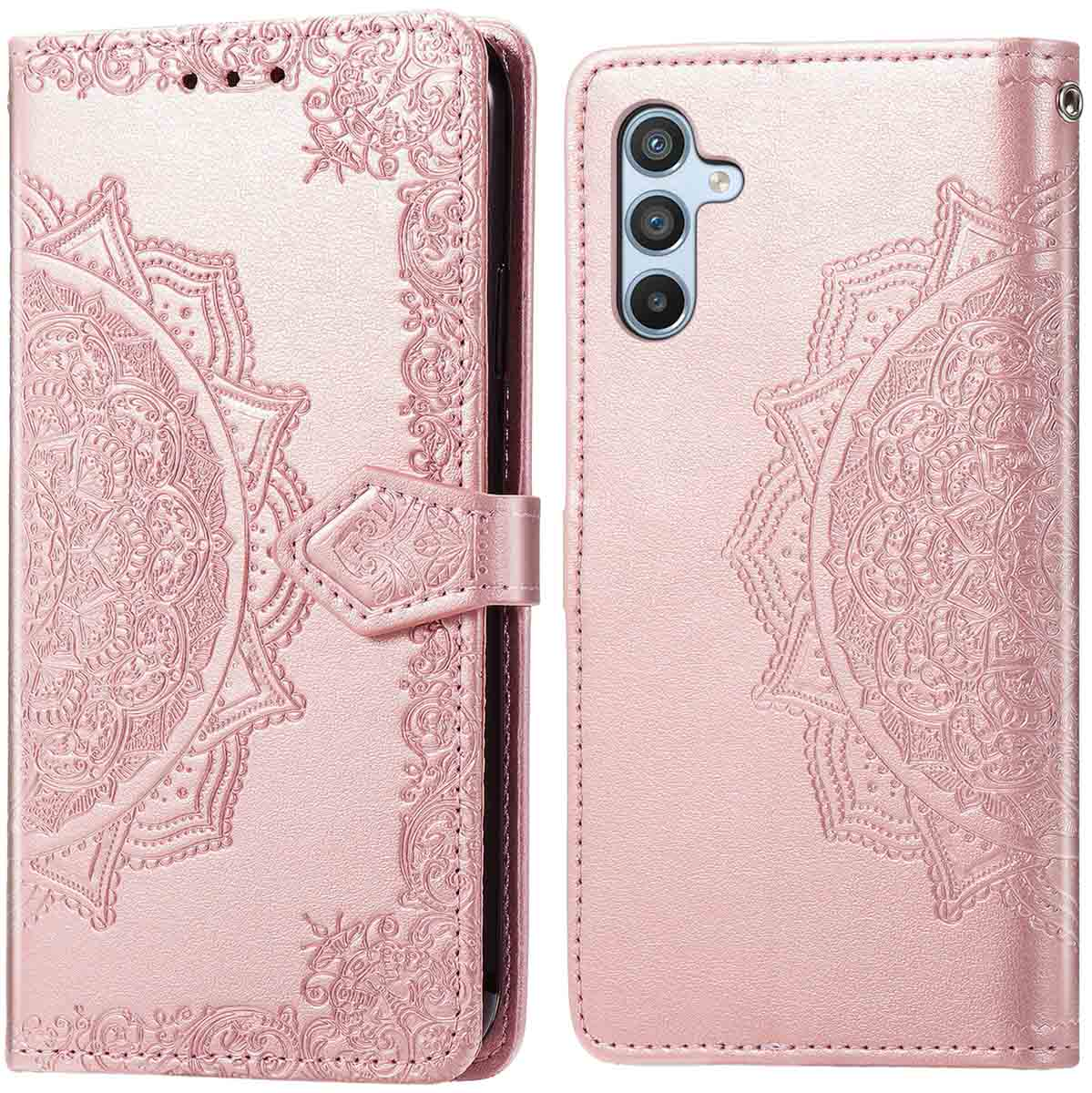 Coque de téléphone rose avec un motif mandala. La coque est ouverte. Le fond est blanc.