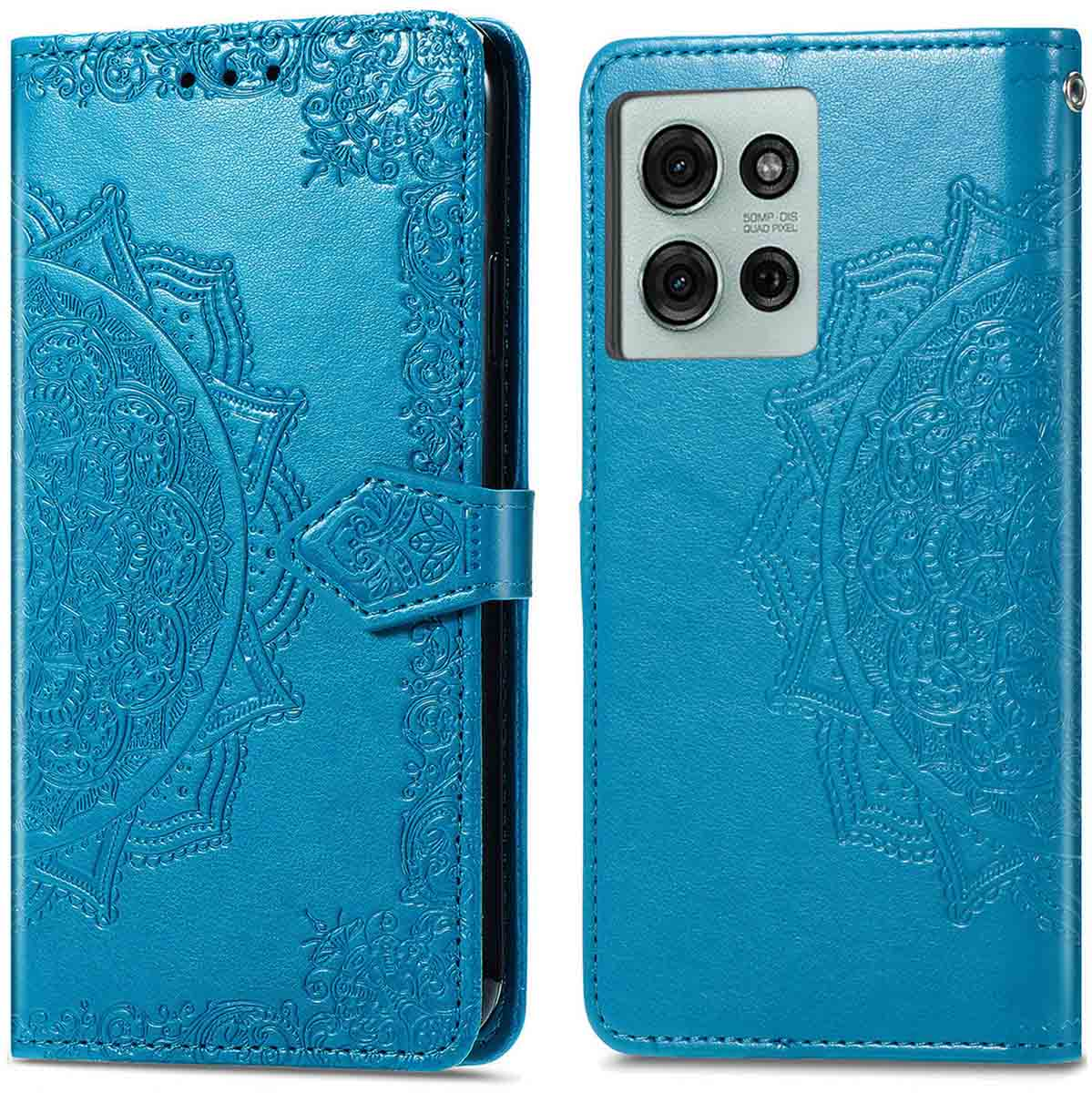 Blauw telefoonhoesje met mandala-patroon. Open, toont de achterkant. Camera-uitsparingen.