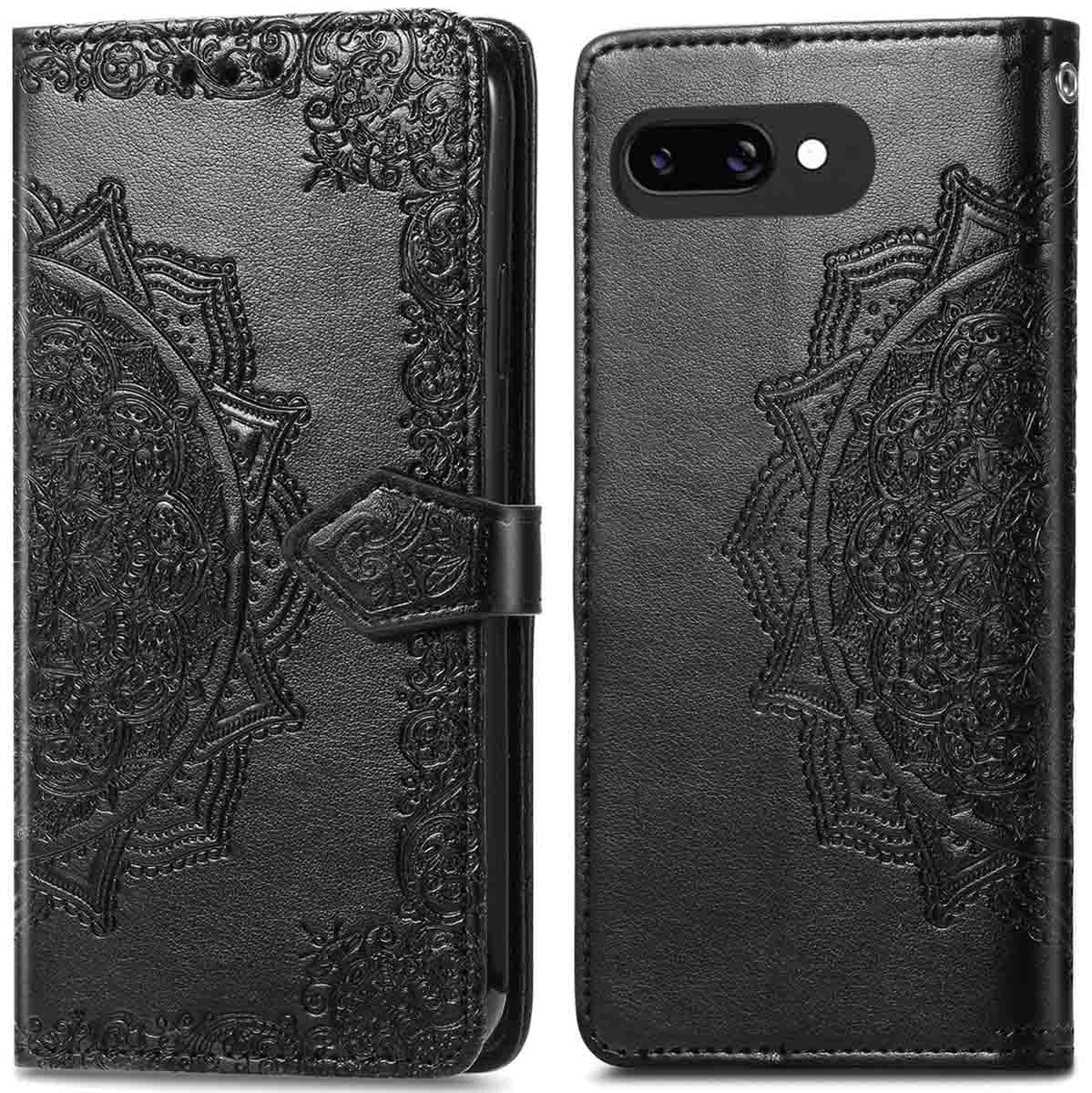 Coque de téléphone noire avec motif mandala en relief. Le téléphone n'est pas visible.