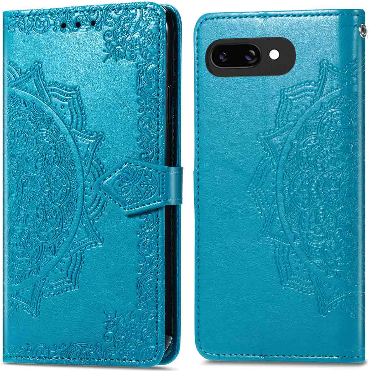 Étui de téléphone bleu avec un motif floral, vue avant et arrière, avec une découpe pour l'appareil photo et un design décoratif.