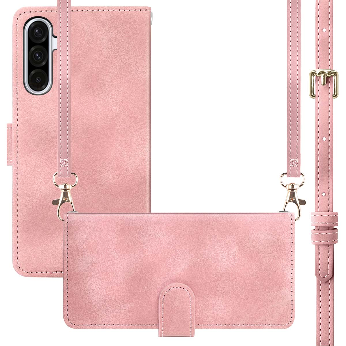 Roze telefoonhoes met een afneembare riem, waarbij de telefoonhoes, de riem en gespdetails worden getoond.